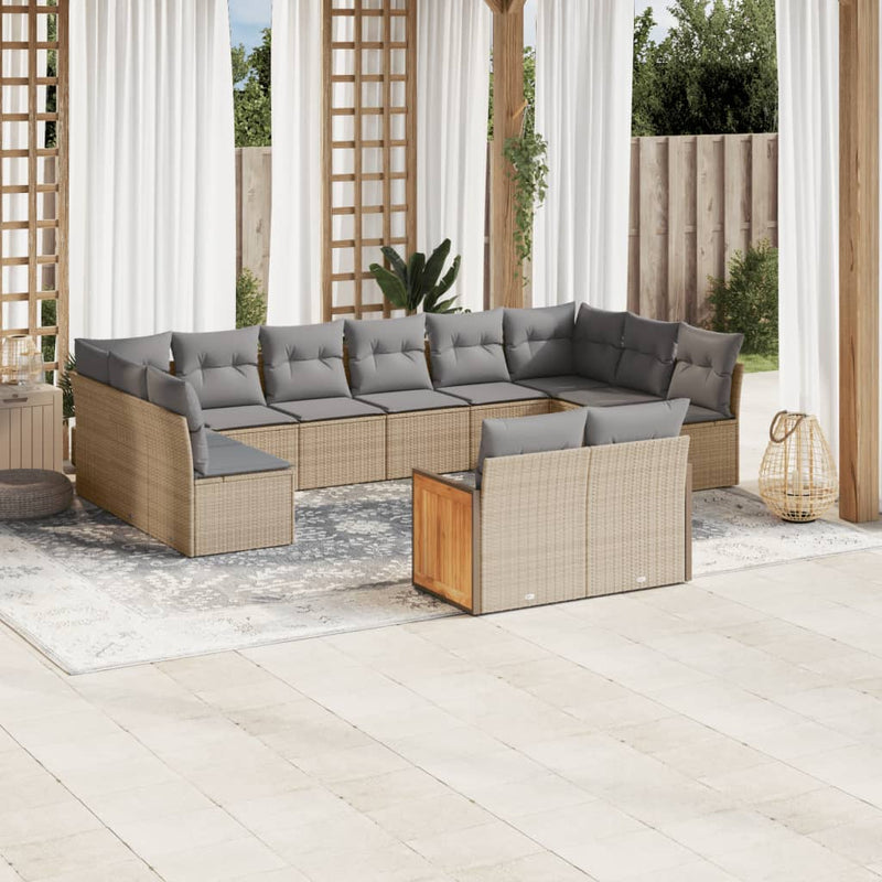 12-tlg. Garten-Sofagarnitur mit Kissen Beige Poly Rattan