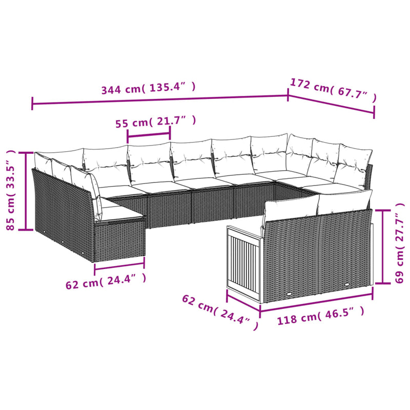 11-tlg. Garten-Sofagarnitur mit Kissen Grau Poly Rattan