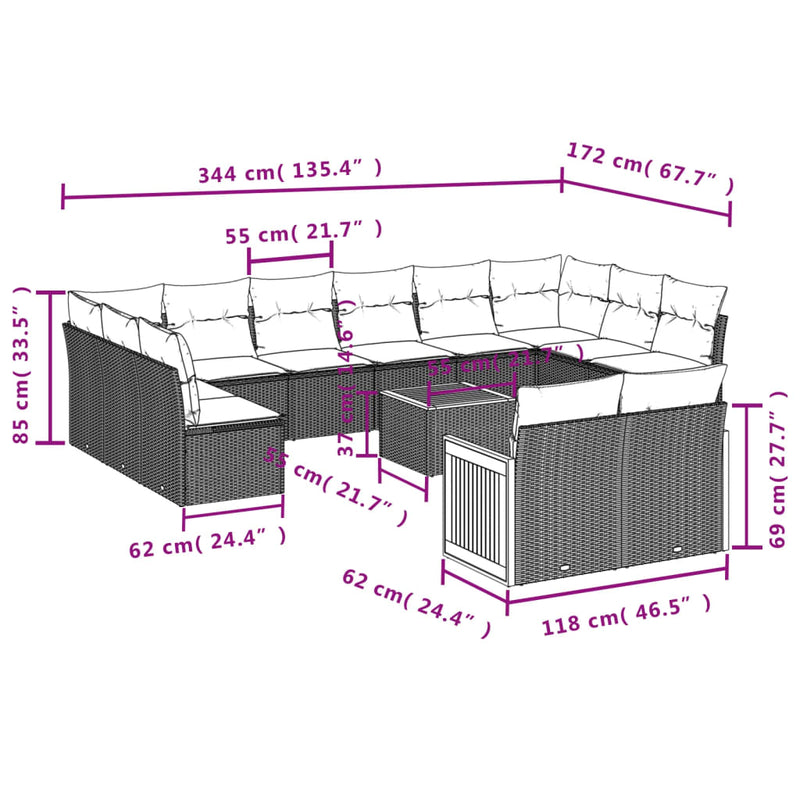 12-tlg. Garten-Sofagarnitur mit Kissen Grau Poly Rattan