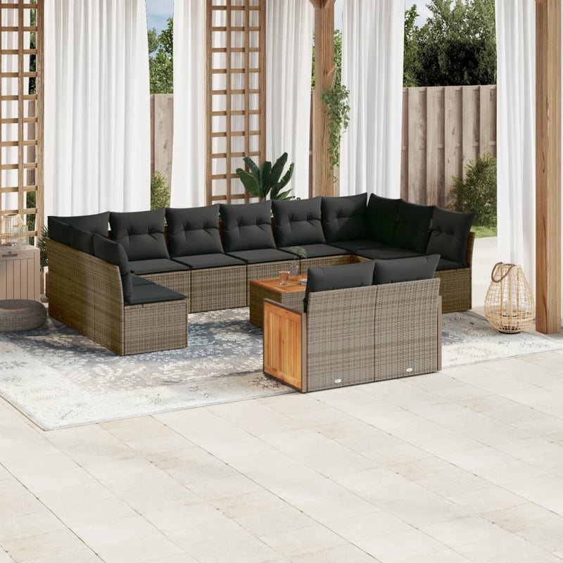 12-tlg. Garten-Sofagarnitur mit Kissen Grau Poly Rattan