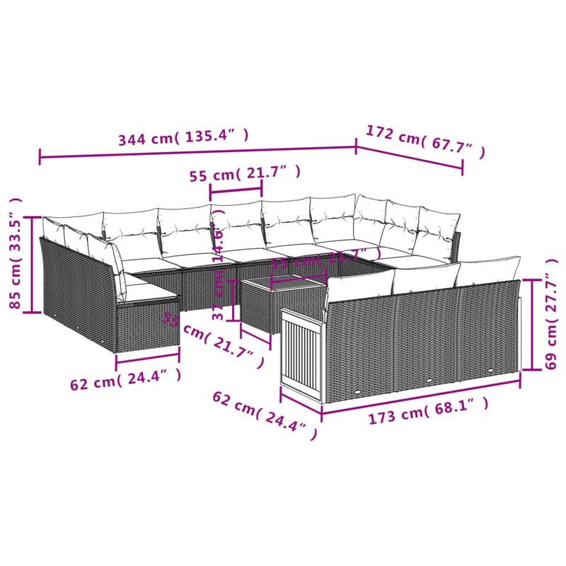 14-tlg. Garten-Sofagarnitur mit Kissen Schwarz Poly Rattan