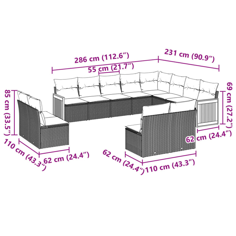 12-tlg. Garten-Sofagarnitur mit Kissen Grau Poly Rattan