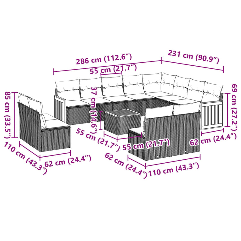 13-tlg. Garten-Sofagarnitur mit Kissen Beige Poly Rattan