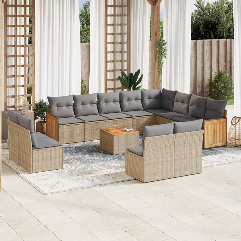 13-tlg. Garten-Sofagarnitur mit Kissen Beige Poly Rattan