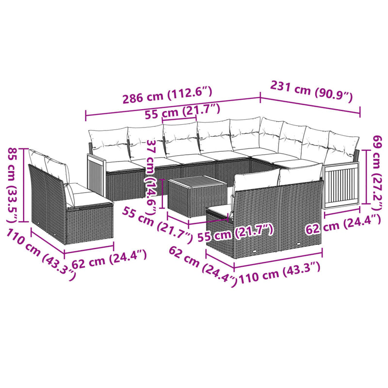 13-tlg. Garten-Sofagarnitur mit Kissen Grau Poly Rattan