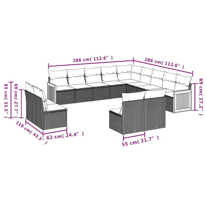 13-tlg. Garten-Sofagarnitur mit Kissen Schwarz Poly Rattan