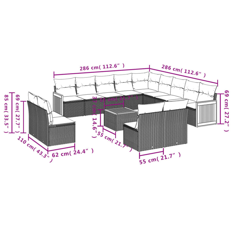 14-tlg. Garten-Sofagarnitur mit Kissen Schwarz Poly Rattan