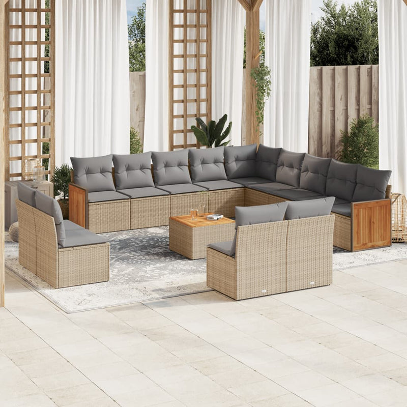 14-tlg. Garten-Sofagarnitur mit Kissen Beige Poly Rattan