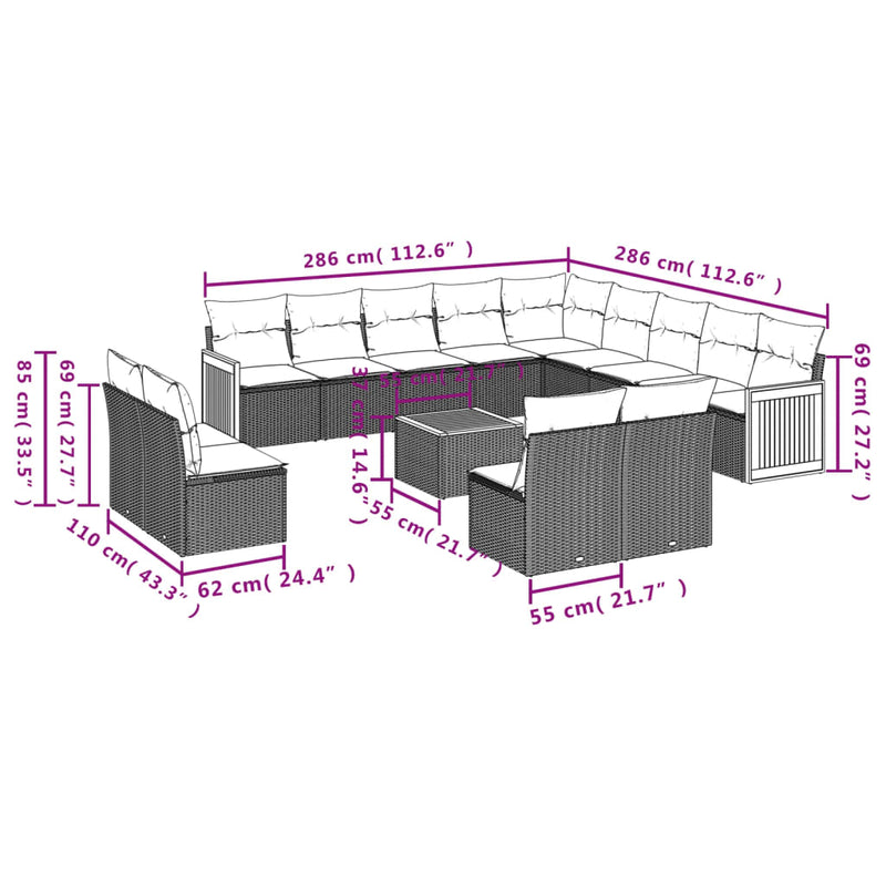 14-tlg. Garten-Sofagarnitur mit Kissen Grau Poly Rattan