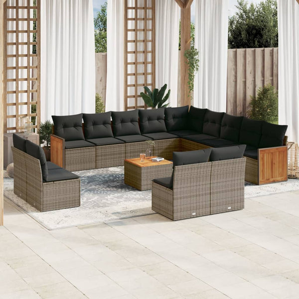 14-tlg. Garten-Sofagarnitur mit Kissen Grau Poly Rattan