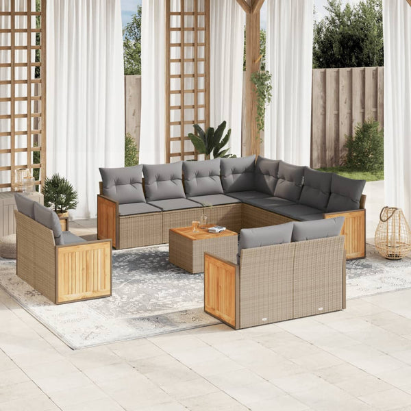 12-tlg. Garten-Sofagarnitur mit Kissen Beige Poly Rattan