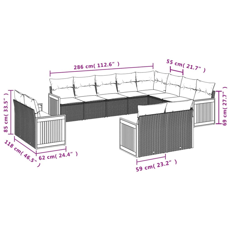 13-tlg. Garten-Sofagarnitur mit Kissen Schwarz Poly Rattan