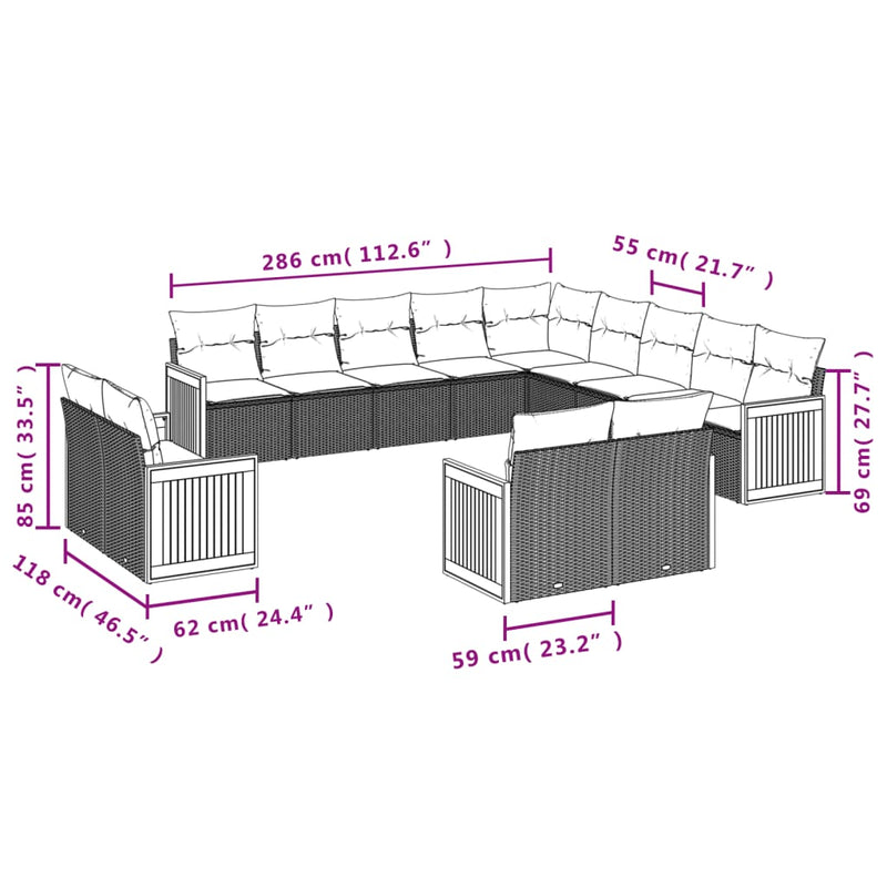 13-tlg. Garten-Sofagarnitur mit Kissen Schwarz Poly Rattan