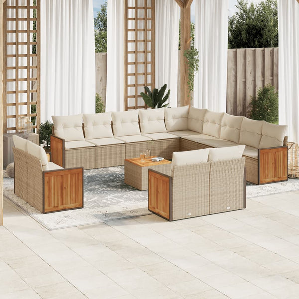 14-tlg. Garten-Sofagarnitur mit Kissen Beige Poly Rattan