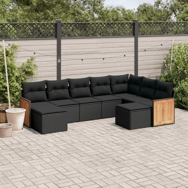 9-tlg. Garten-Sofagarnitur mit Kissen Schwarz Poly Rattan