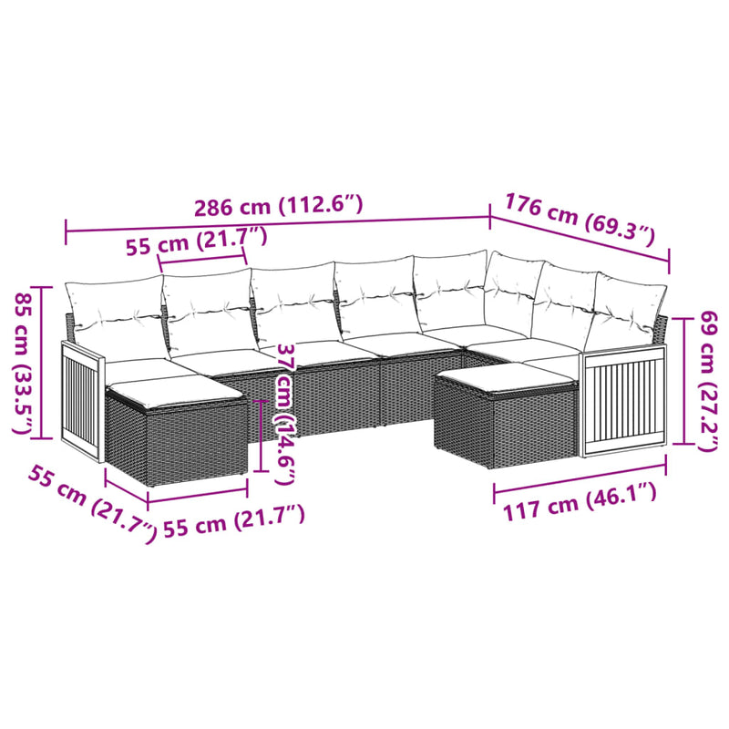 9-tlg. Garten-Sofagarnitur mit Kissen Schwarz Poly Rattan