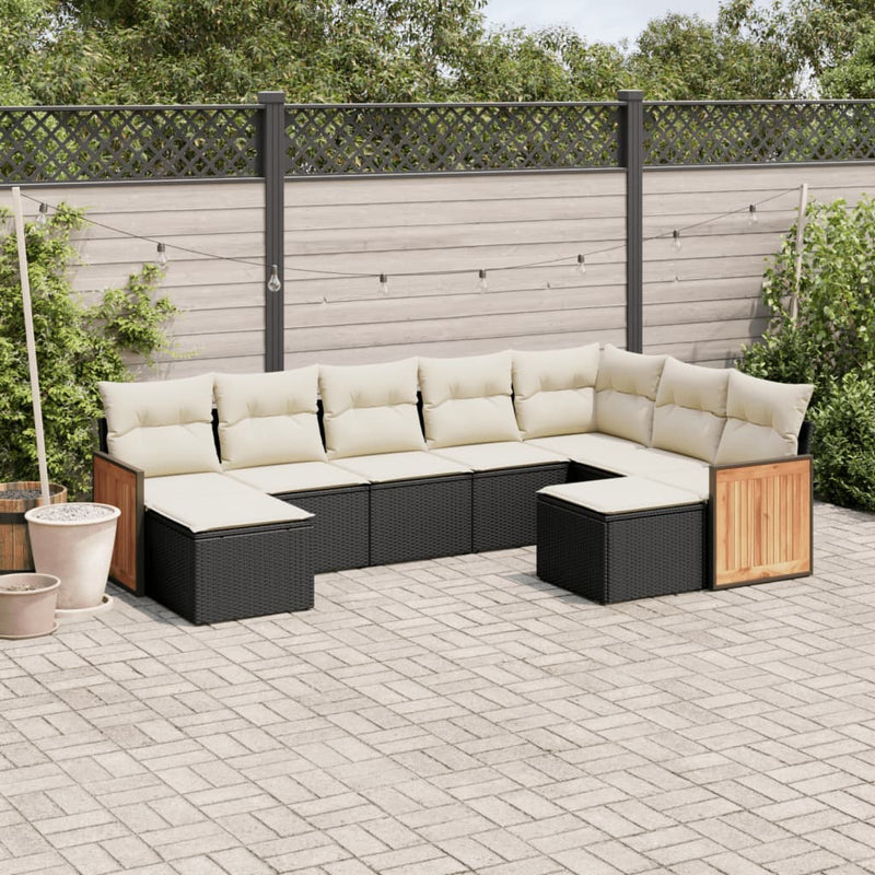 9-tlg. Garten-Sofagarnitur mit Kissen Schwarz Poly Rattan