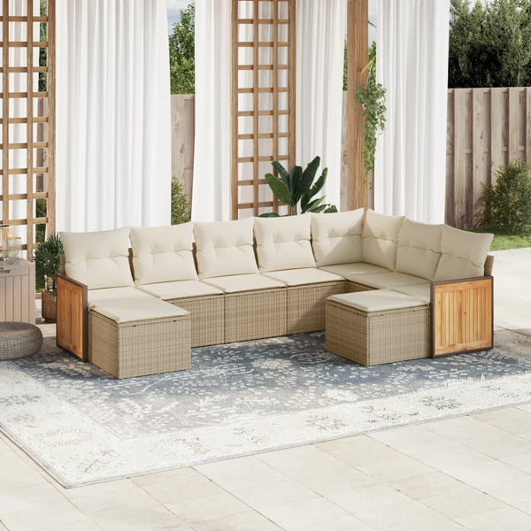 9-tlg. Garten-Sofagarnitur mit Kissen Beige Poly Rattan