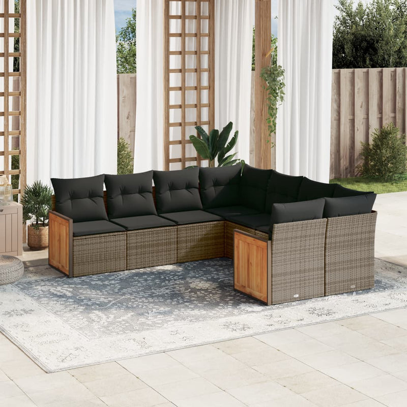 8-tlg. Garten-Sofagarnitur mit Kissen Grau Poly Rattan