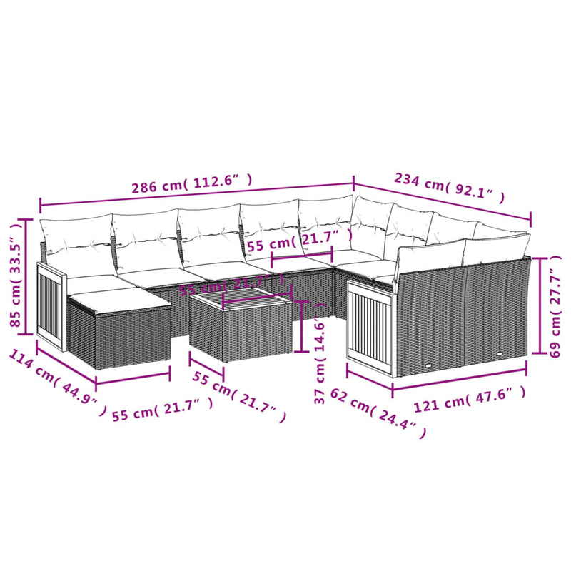 11-tlg. Garten-Sofagarnitur mit Kissen Schwarz Poly Rattan