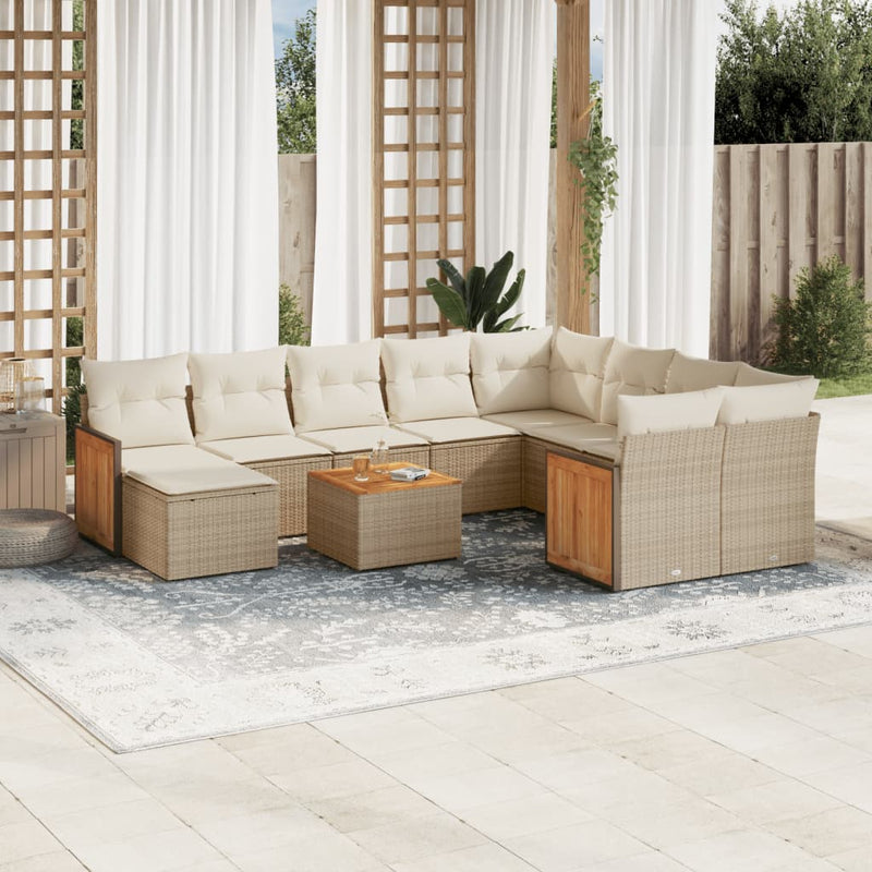 11-tlg. Garten-Sofagarnitur mit Kissen Beige Poly Rattan