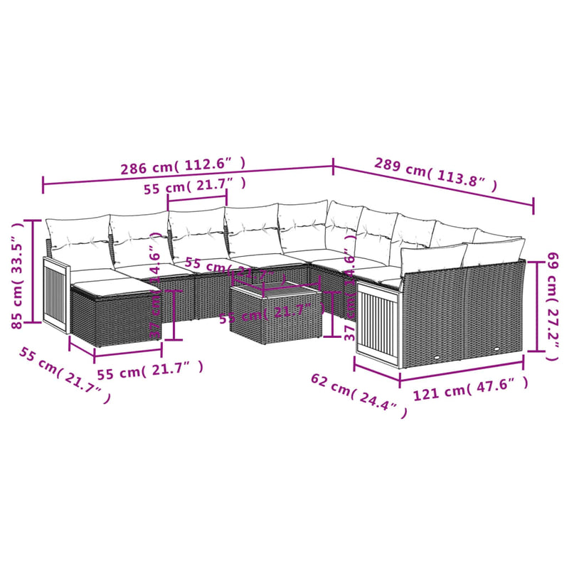 12-tlg. Garten-Sofagarnitur mit Kissen Schwarz Poly Rattan