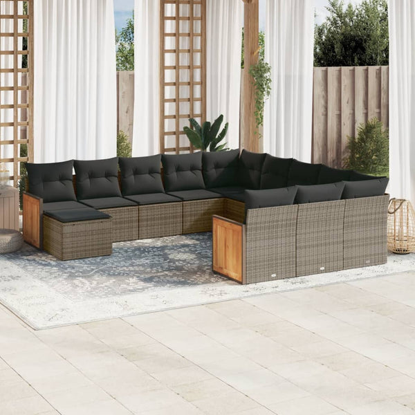 12-tlg. Garten-Sofagarnitur mit Kissen Grau Poly Rattan