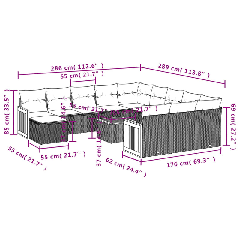 13-tlg. Garten-Sofagarnitur mit Kissen Grau Poly Rattan