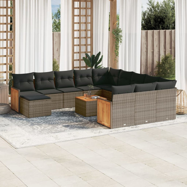 13-tlg. Garten-Sofagarnitur mit Kissen Grau Poly Rattan