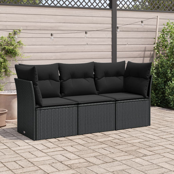 3-tlg. Garten-Sofagarnitur mit Kissen Schwarz Poly Rattan