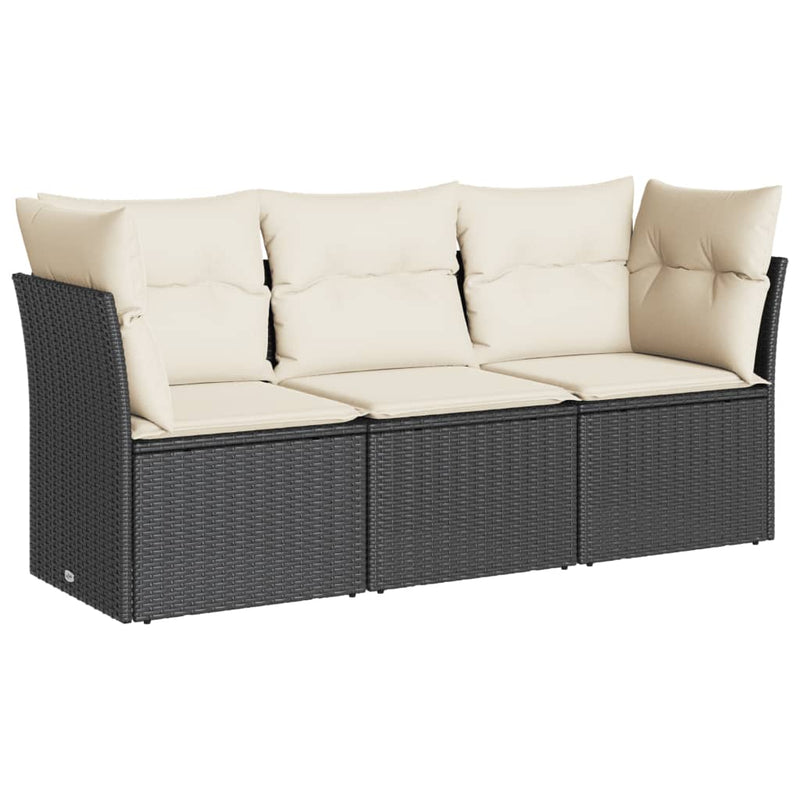 3-tlg. Garten-Sofagarnitur mit Kissen Schwarz Poly Rattan