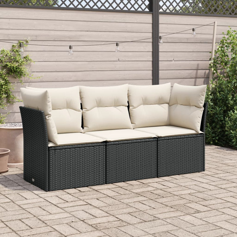 3-tlg. Garten-Sofagarnitur mit Kissen Schwarz Poly Rattan