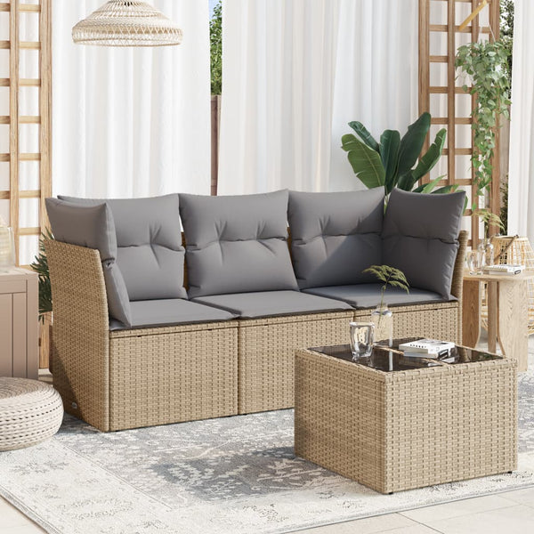 4-tlg. Garten-Sofagarnitur mit Kissen Beige Poly Rattan