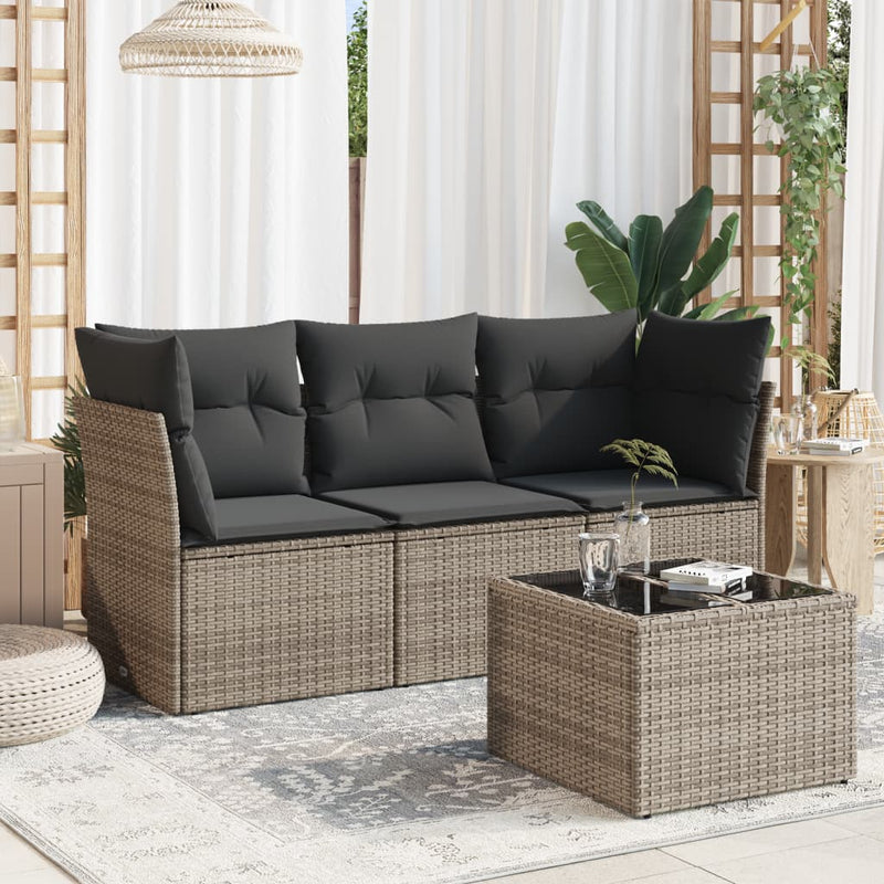 4-tlg. Garten-Sofagarnitur mit Kissen Grau Poly Rattan