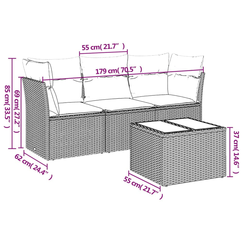 4-tlg. Garten-Sofagarnitur mit Kissen Hellgrau Poly Rattan