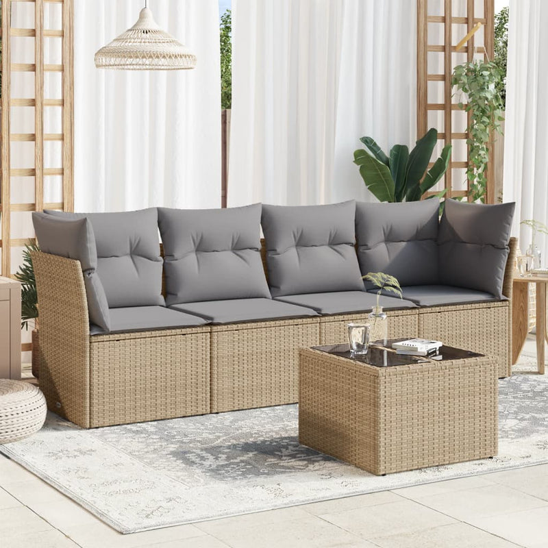 5-tlg. Garten-Sofagarnitur mit Kissen Beige Poly Rattan