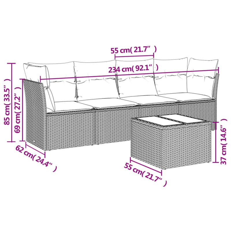 5-tlg. Garten-Sofagarnitur mit Kissen Hellgrau Poly Rattan