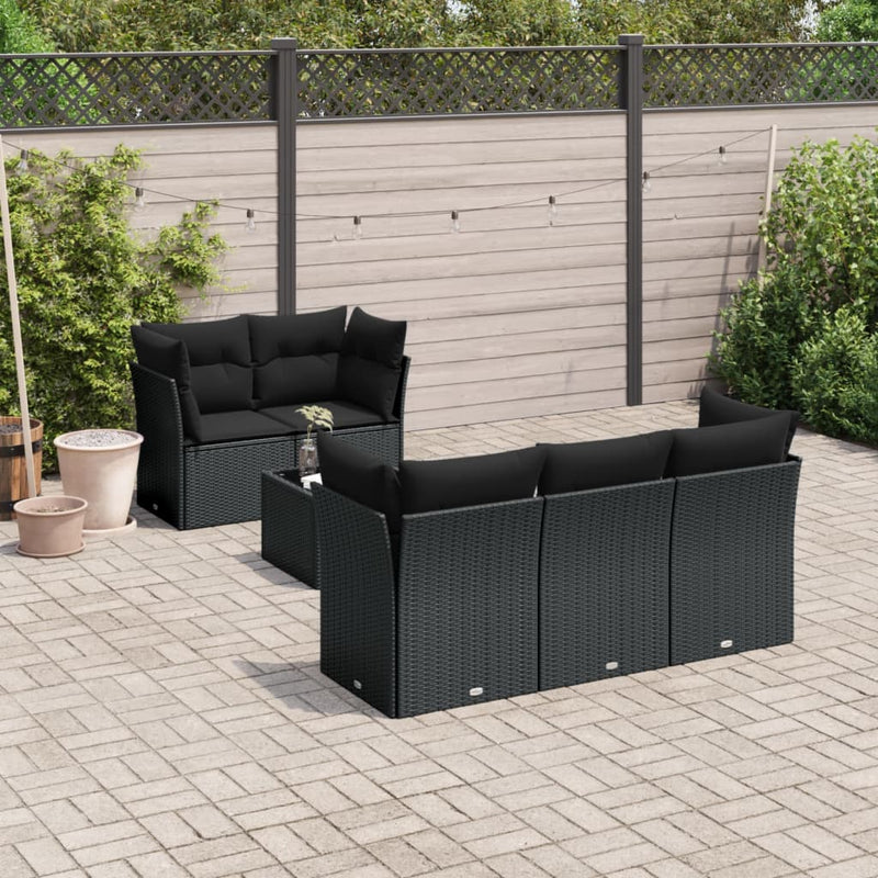 6-tlg. Garten-Sofagarnitur mit Kissen Schwarz Poly Rattan