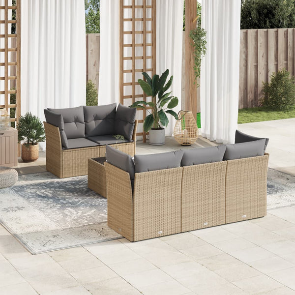 6-tlg. Garten-Sofagarnitur mit Kissen Beige Poly Rattan