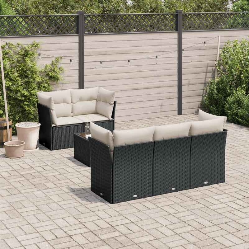 7-tlg. Garten-Sofagarnitur mit Kissen Schwarz Poly Rattan