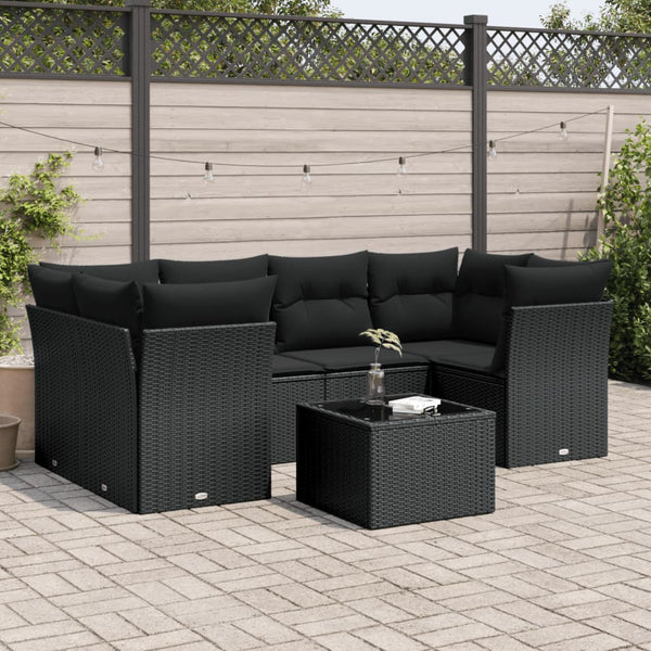 7-tlg. Garten-Sofagarnitur mit Kissen Schwarz Poly Rattan