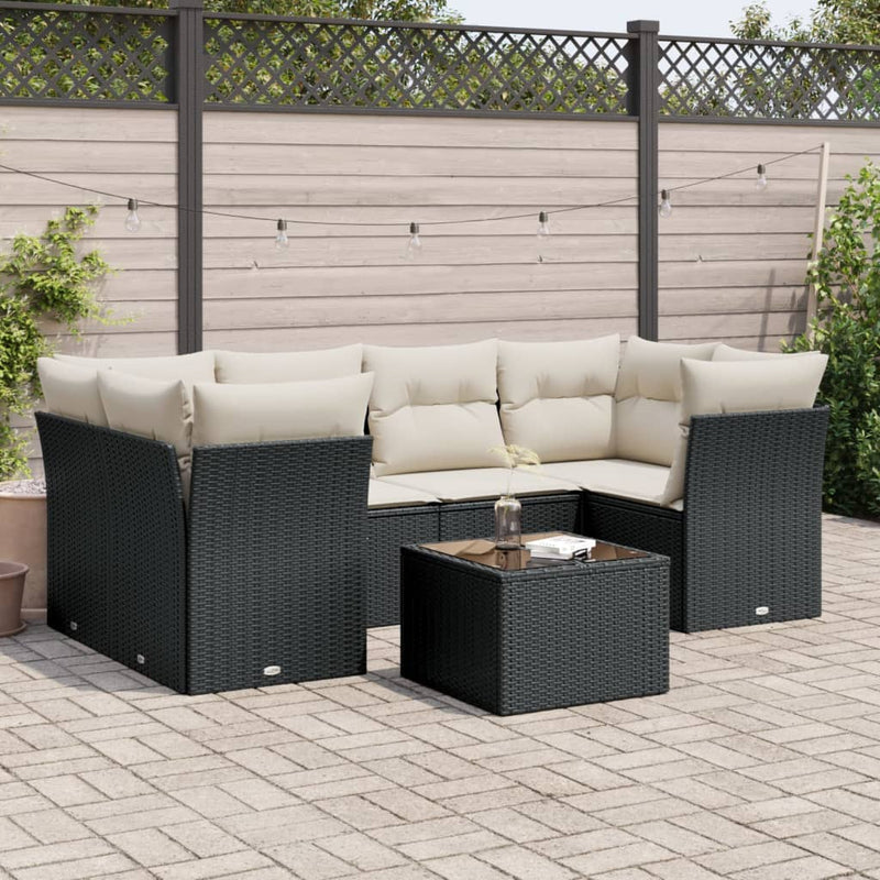 7-tlg. Garten-Sofagarnitur mit Kissen Schwarz Poly Rattan