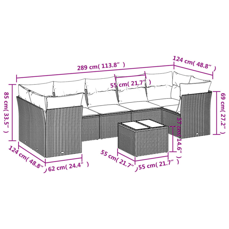 8-tlg. Garten-Sofagarnitur mit Kissen Grau Poly Rattan