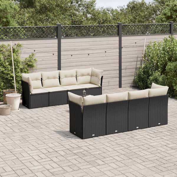 9-tlg. Garten-Sofagarnitur mit Kissen Schwarz Poly Rattan