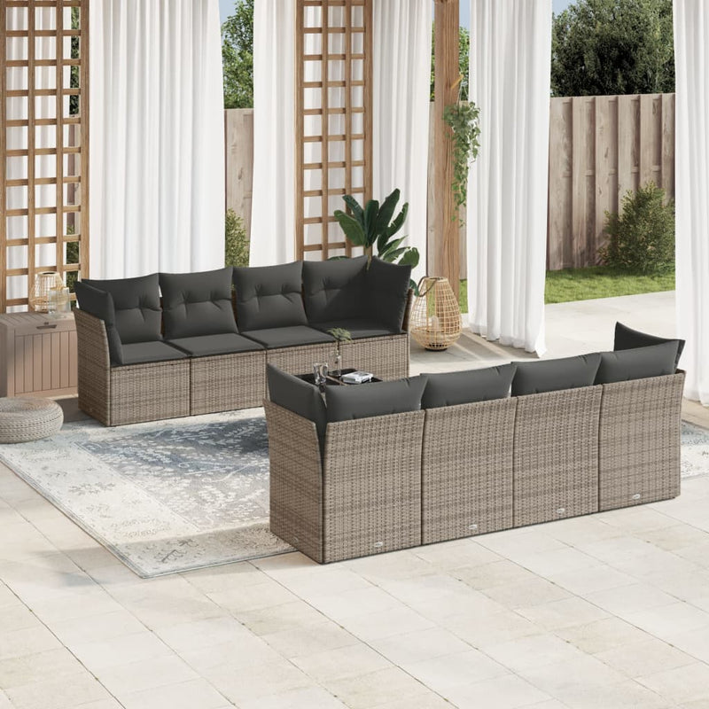 9-tlg. Garten-Sofagarnitur mit Kissen Grau Poly Rattan