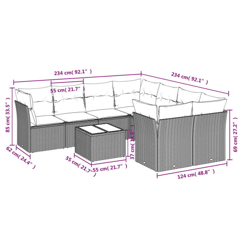 9-tlg. Garten-Sofagarnitur mit Kissen Schwarz Poly Rattan