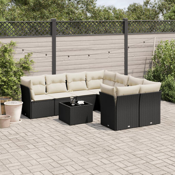 9-tlg. Garten-Sofagarnitur mit Kissen Schwarz Poly Rattan