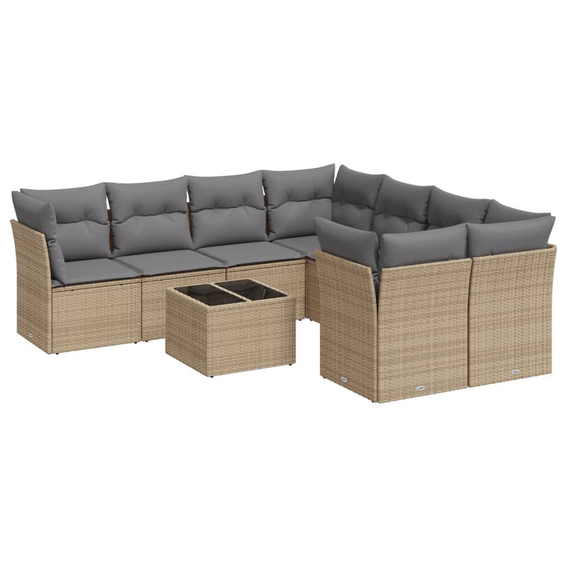 9-tlg. Garten-Sofagarnitur mit Kissen Beige Poly Rattan