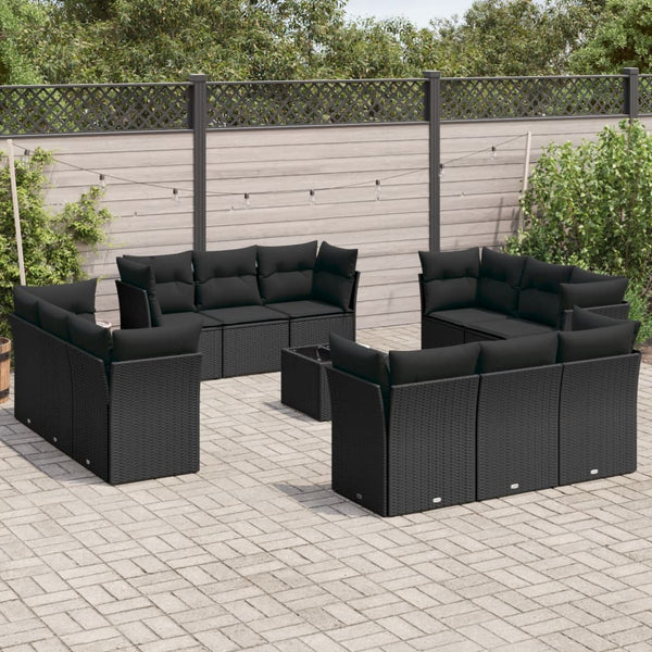 13-tlg. Garten-Sofagarnitur mit Kissen Schwarz Poly Rattan