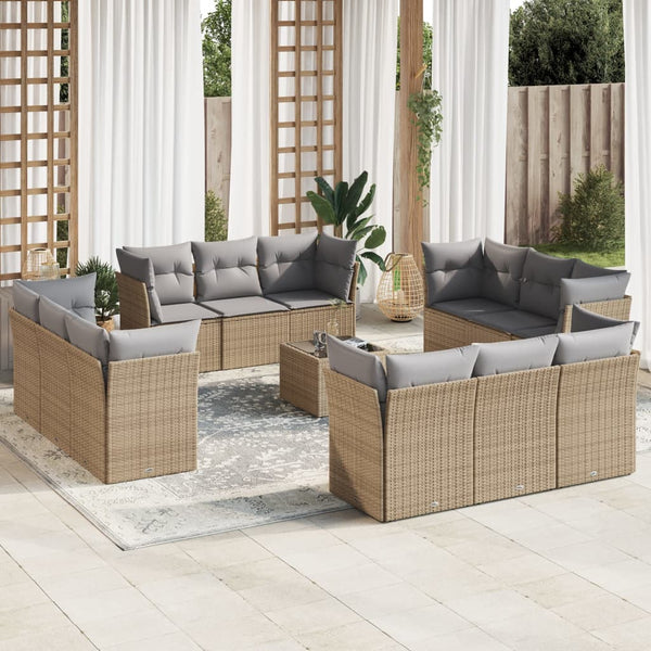 13-tlg. Garten-Sofagarnitur mit Kissen Beige Poly Rattan